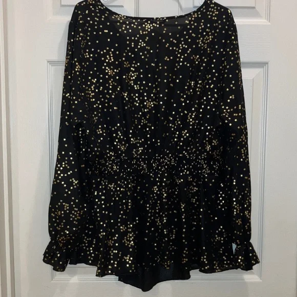 BloomChic Black Gold Metallic Star Peplum Blouse V Neck Long Sleeve Holiday Plus - Picture 5 of 5